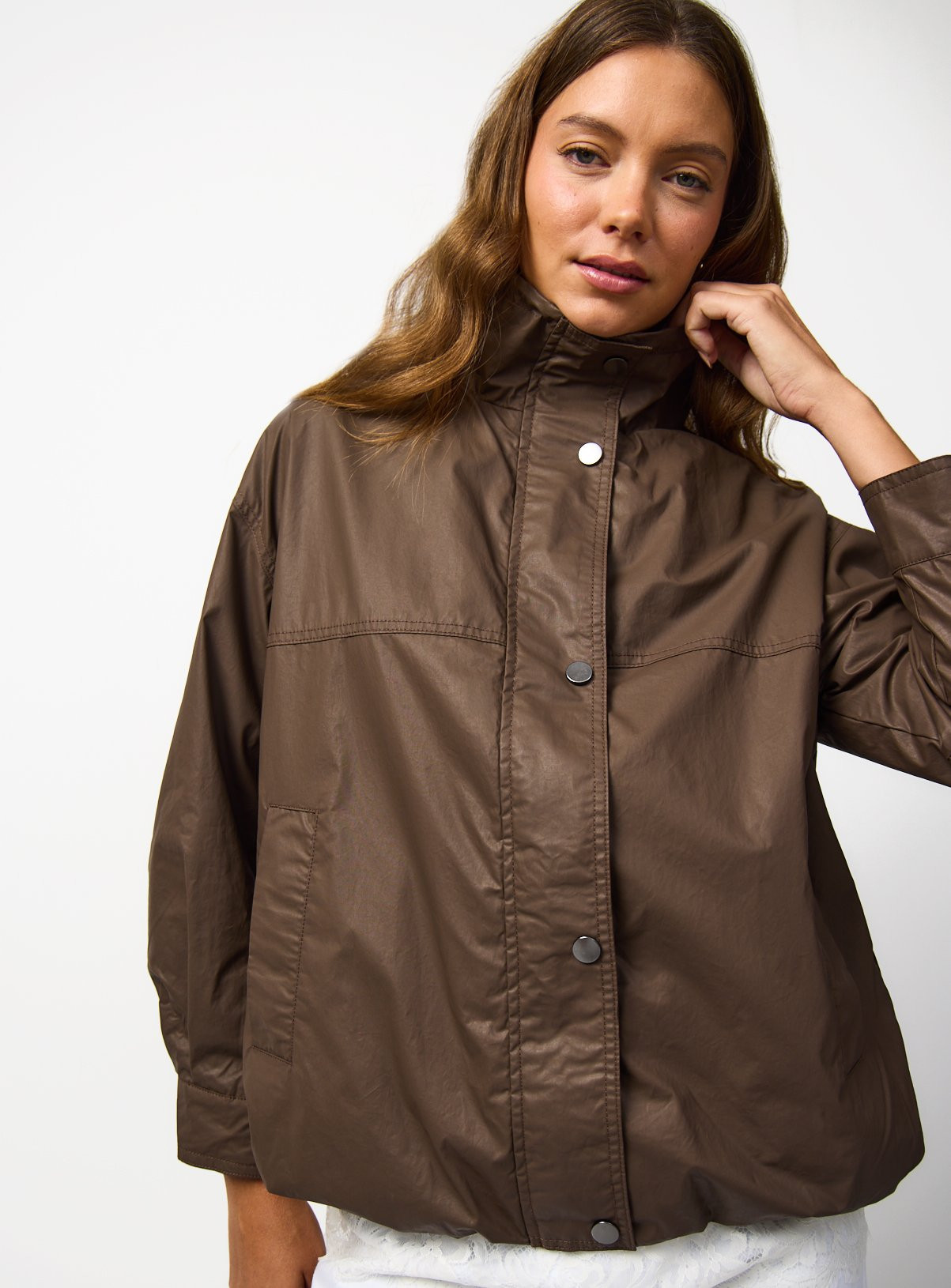 Brown Coated Funnel Neckline Bomber Jacket | Tu Clothing