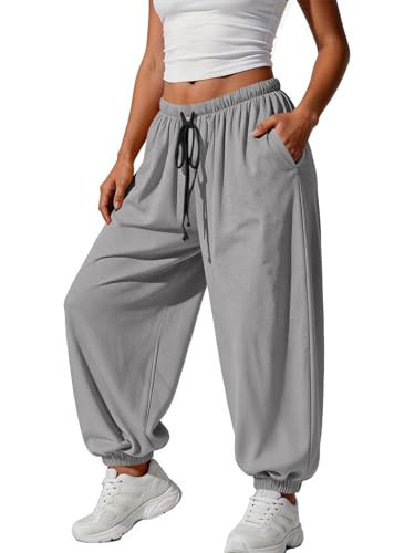 Fisoew Womens Baggy Harem Pants Casual Barrel Elastic Waist Drawstring Pleated Loose Workout Track Pants with Pockets Grey | Amazon (US)
