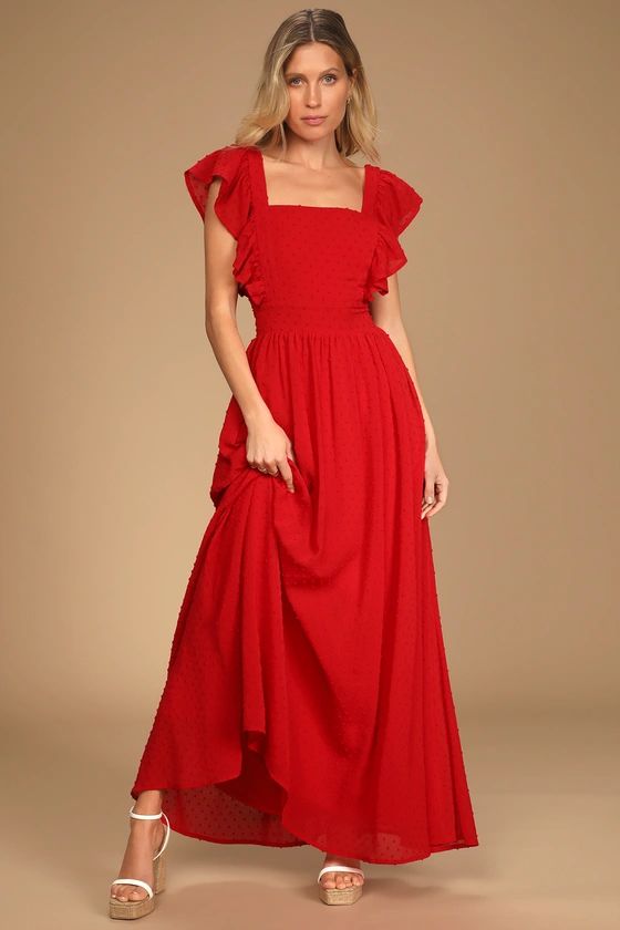 Little Love Red Swiss Dot Backless Ruffled Maxi Dress | Lulus (US)