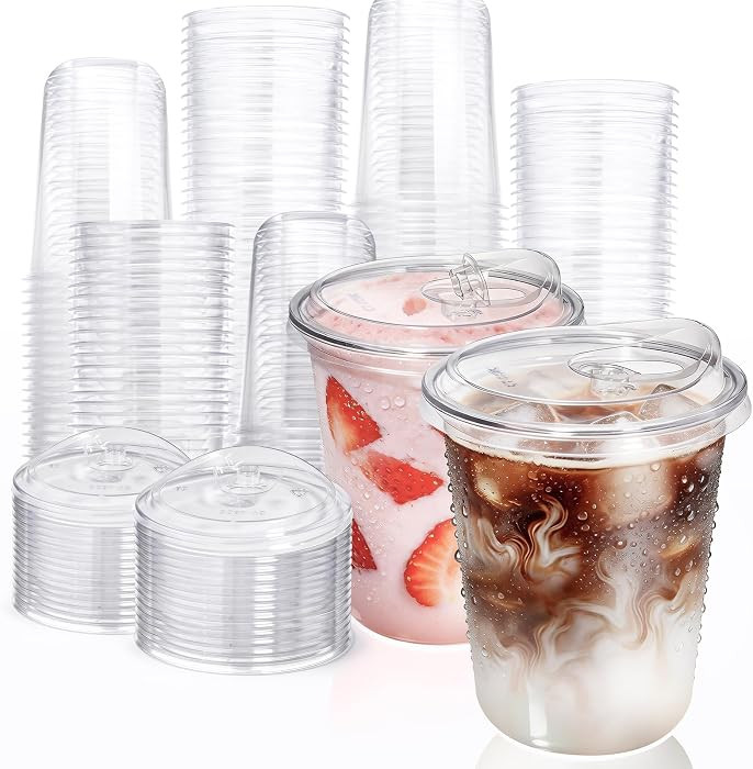 Fit Meal Prep 100 Pack 16 oz Round Bottom Clear Plastic Cups with Strawless Sip Lids, Disposable ... | Amazon (US)