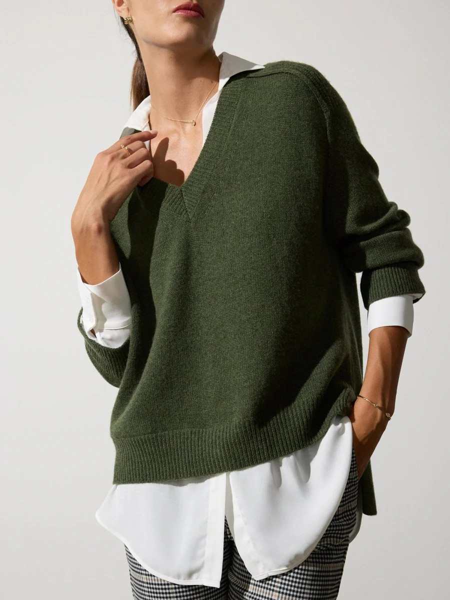 Women's V-Neck Layered Pullover in Lichen Mélange | Brochu Walker | Brochu Walker