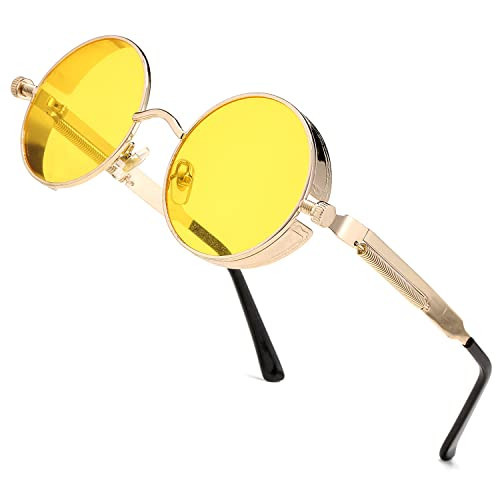 HJSTES Vintage Round Steampunk Sunglasses for Women Men Circle Gothic Glasses Retro Metal Frame(Yellow Lens/Gold Frame) | Amazon (US)