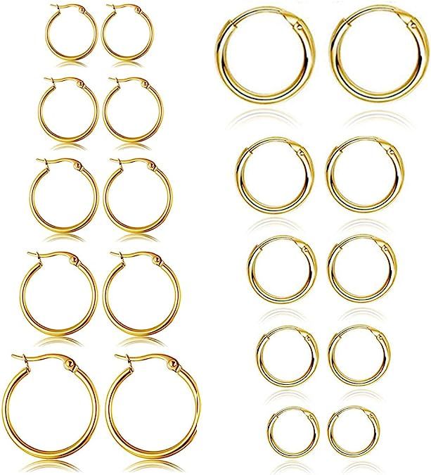 10 Pairs Small Hoop Earrings Set Stainless Steel Silver Gold Cute Hypoallergenic Earrings for Wom... | Amazon (US)