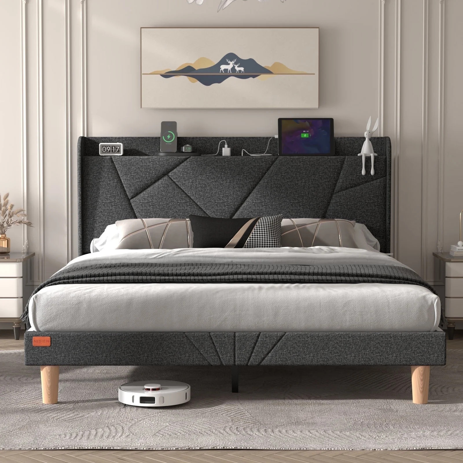 NISIEN Queen Bed Frame with Charging Station, Upholstered Platform Bed with Wingback Storage Head... | Walmart (US)