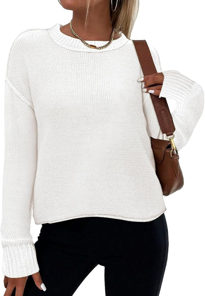 Zeagoo Women's Crew Neck Cropped Sweater 2024 Fall Long Sleeve Chunky Knit Pullover Sweater Tops | Amazon (US)