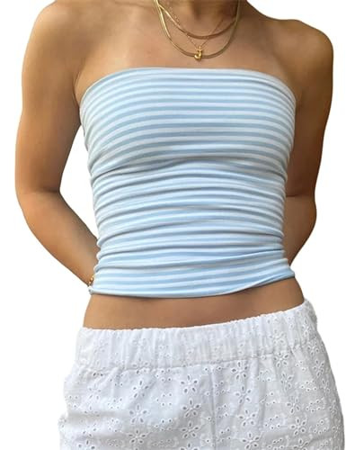 Cioatin Women Strapless Striped Bandeau Tube Tops Y2K Aesthetic Sleeveless Backless Crop Tank Goi... | Amazon (US)