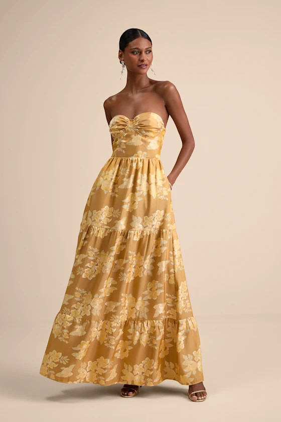 Petrina Golden Yellow Floral Jacquard Strapless Maxi Dress | Lulus