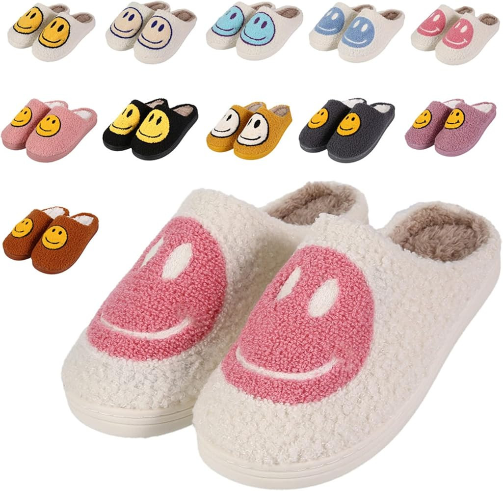 Smile Face Slippers for Women and Men Retro Soft Fluffy Warm Home Non-Slip Couple Style Casual Shoes | Amazon (US)