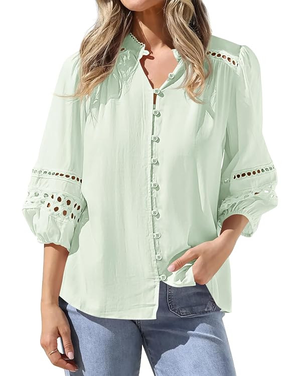 BTFBM Summer Tops for Women 2026 Eyelet Top 3/4 Length Sleeve Dressy Casual Blouses Spring Boho B... | Amazon (US)