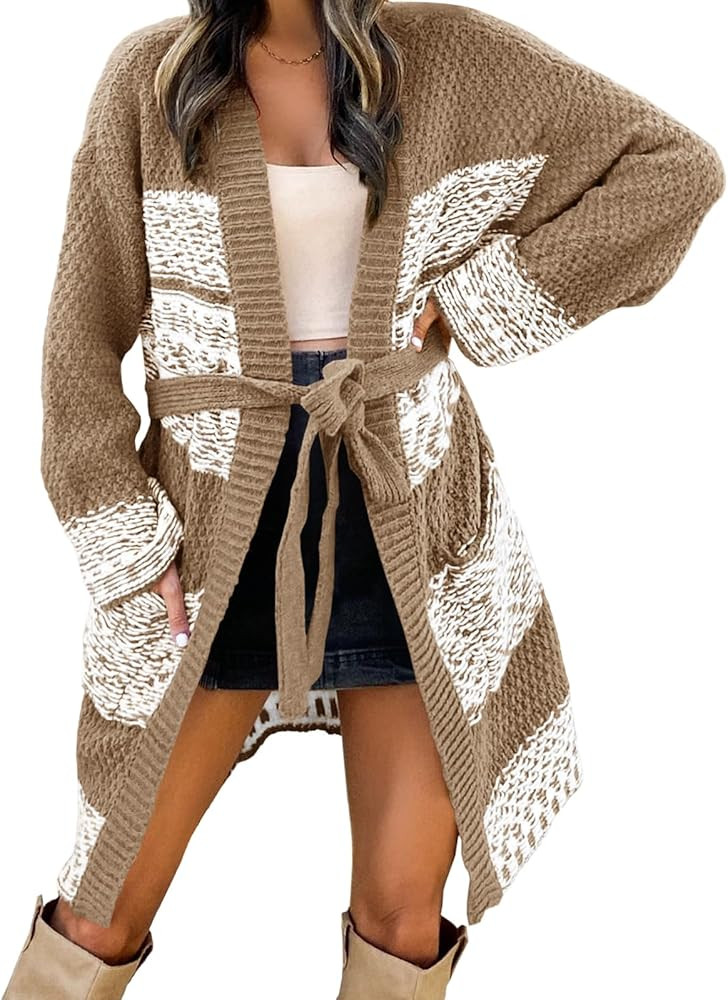 FERBIA Women's Chunky Color Block Cardigans Open Front Long Sleeve Loose Knit Belted Sweater Coat... | Amazon (US)