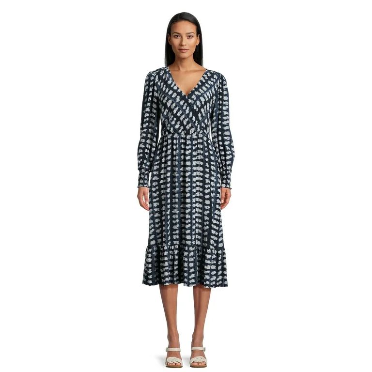 Time and Tru Women’s Faux Wrap Midi Dress, Sizes XS-XXXL | Walmart (US)