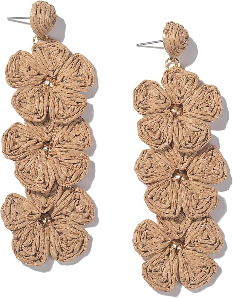 Boho Flower Earrings Statement Raffia Dangle Earrings Cute Floral Jewelry Trendy Summer Beach Vacation Outfits for Women | Amazon (US)