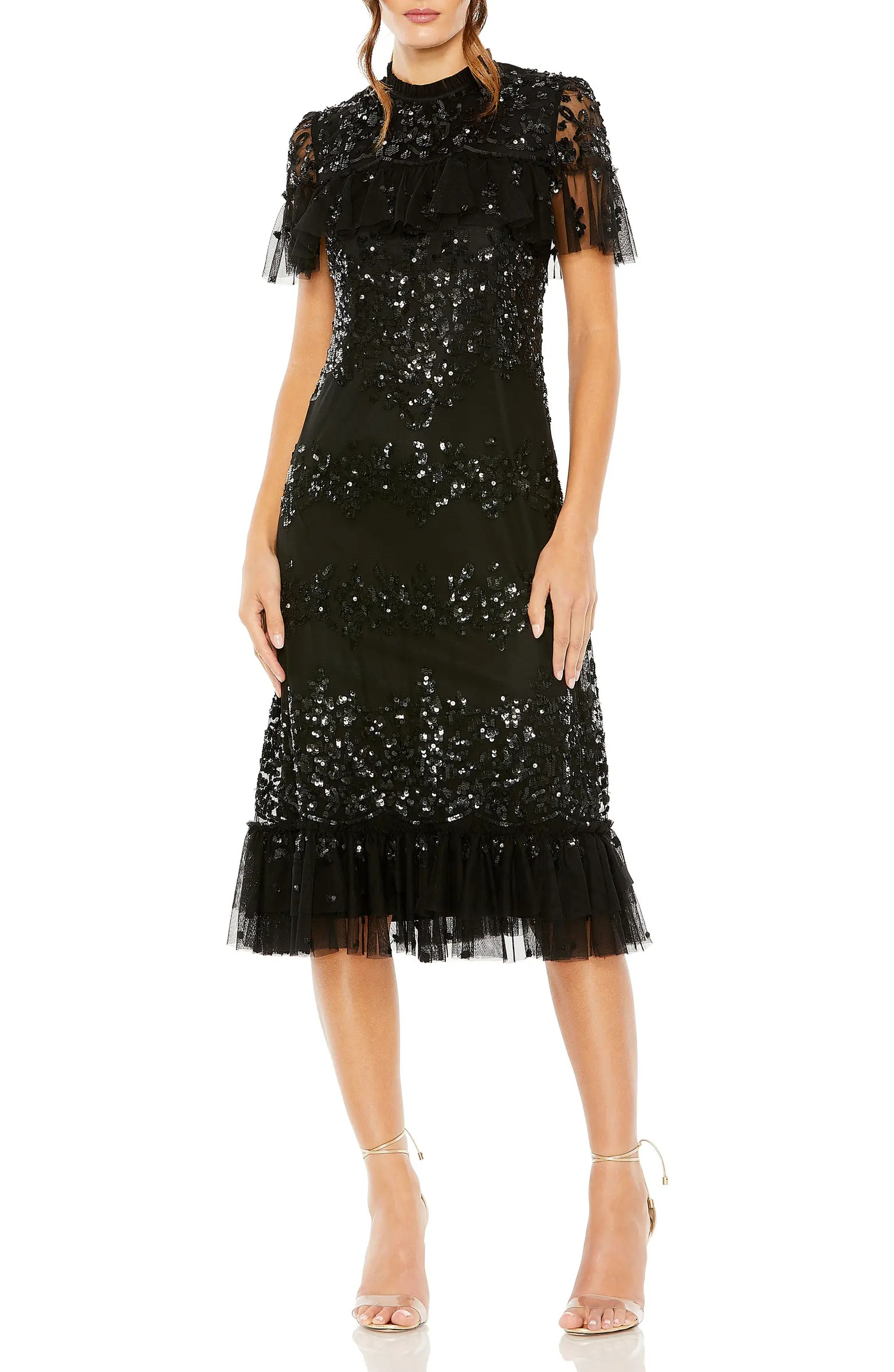 Mac Duggal Women's Sequined High Neck Ruffled Flutter Sleeve Midi Dress | Nordstrom | Nordstrom