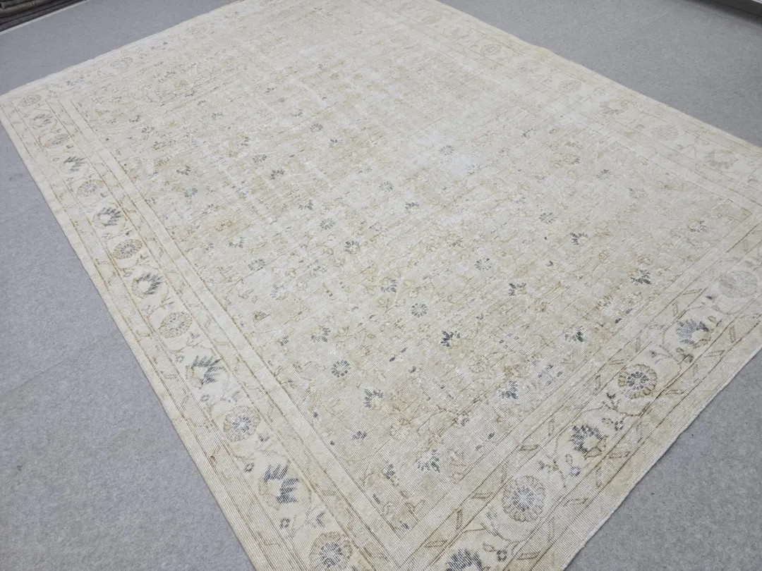 Vintage Rug 7x10, Cream Blue Floral Turkish Oushak Carpet, Muted Beige Handwoven Wool Rug for Liv... | Etsy (US)