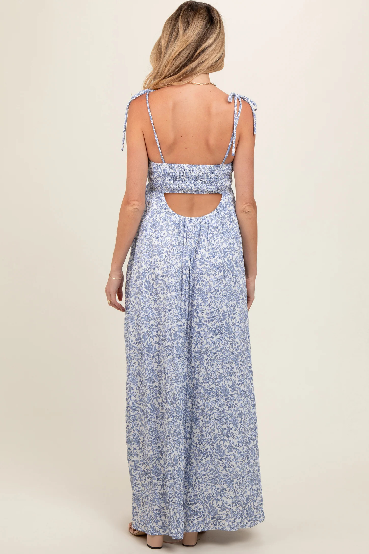 Blue Leaf Print Shoulder Strap Maternity Maxi Dress | PinkBlush Maternity