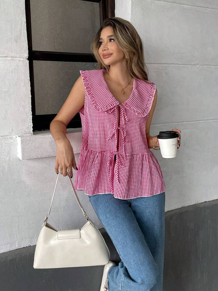 Pariaura Women's Casual Plaid Bow Collar Tie Sleeveless Ruffle Hem Blouse, Summer Top | SHEIN