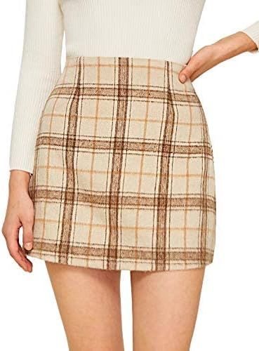 Amazon.com: MakeMeChic Women's Plaid Skirt High Waisted Pencil Mini Skirt D Beige Brown S : Cloth... | Amazon (US)