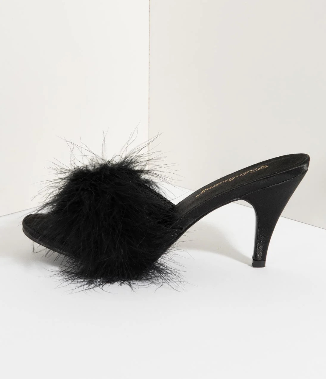 Black Satin & Marabou Feather Peep Toe Amour Heel Slipper | UniqueVintage