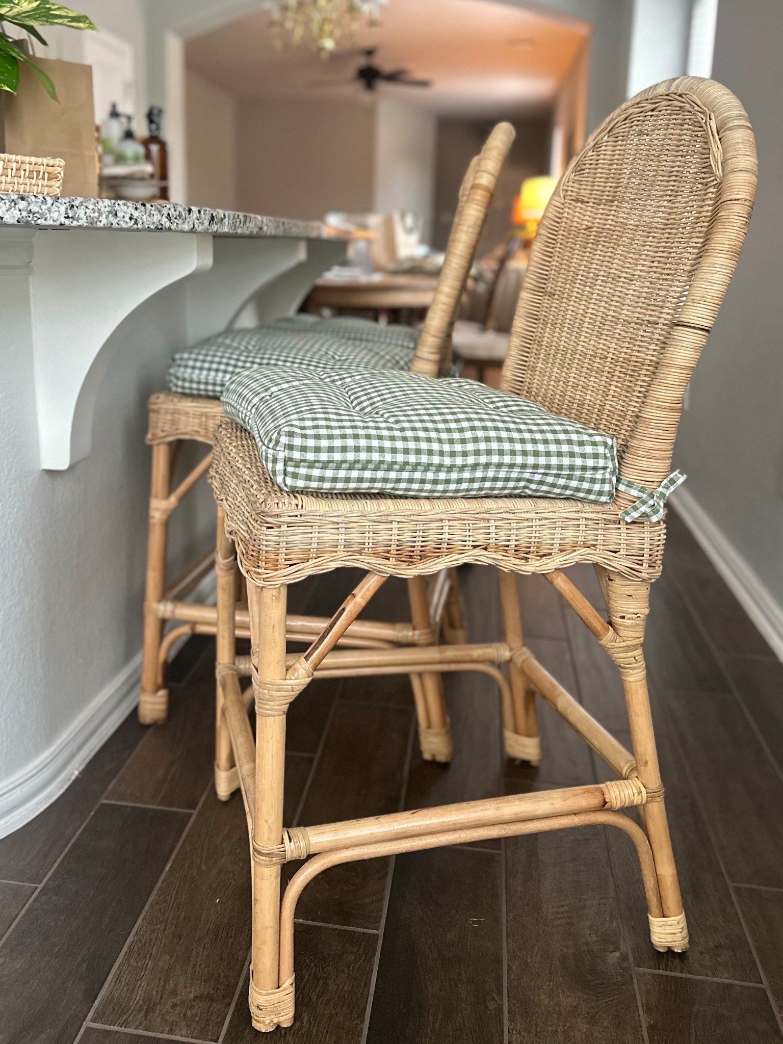 I found these cute green gingham check chair cushions at HomeGoods recently, and they were the perfect addition to these cute woven barstools. 

I couldn’t find them online to link, but I found some very similar. 

kitchen • gingham • home decor • cottage style • Nancy Myers aesthetic 

#LTKHome