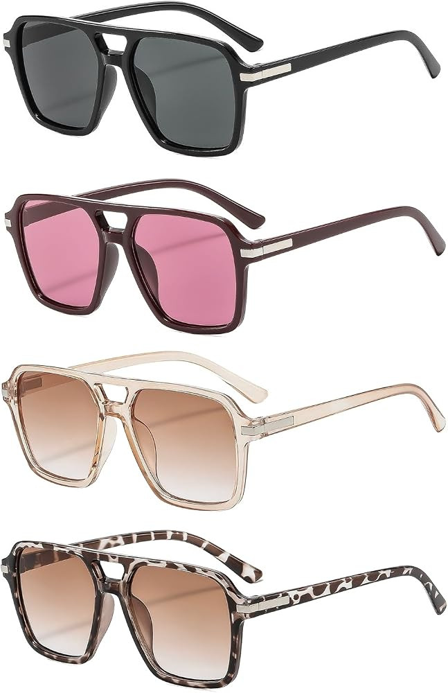 4 Pieces Retro Square Aviator Sunglasses for Women Men Rectangle Shades | Amazon (US)