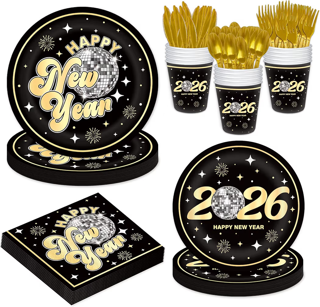 YQUQWN 168 PCS New Year Disco Tableware Set 2026 New Years Eve Party Supplies 2026 Disposable New... | Amazon (US)