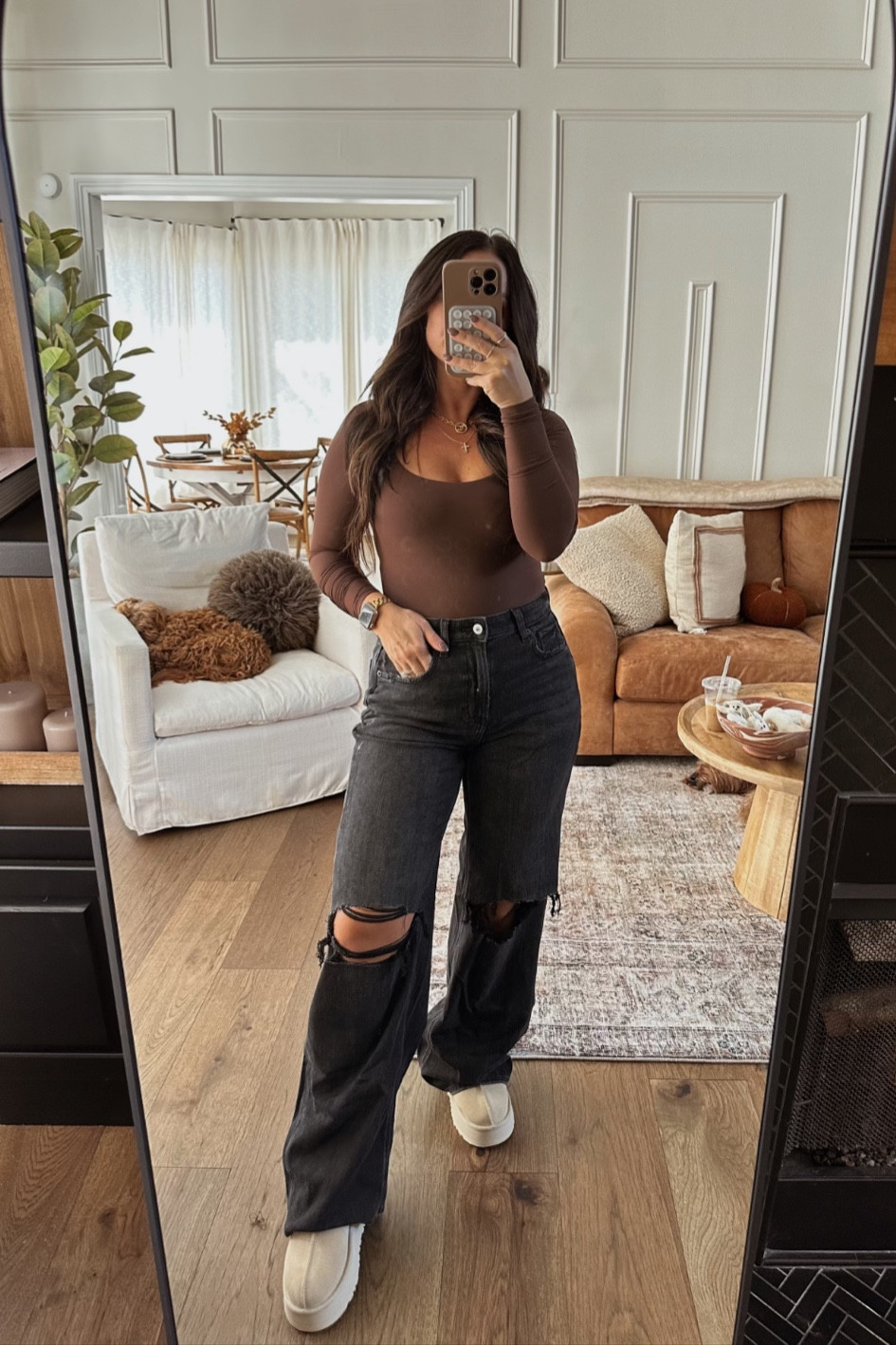 Fall outfit!! 

Brown bodysuit 
Aerie 
Black jeans 
Denim 
Fall style 
UGG slippers 

#LTKSeasonal #LTKStyleTip #LTKFallSale