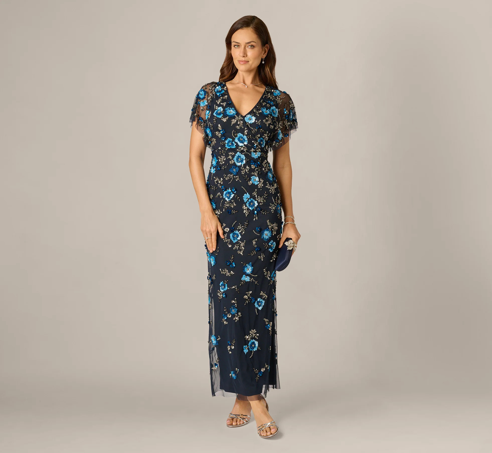 Navy Flutter Sleeve Floral Beaded Column Gown - Adrianna Papell | Adrianna Papell