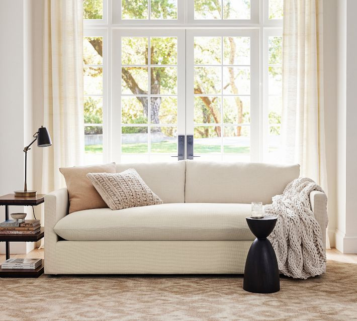 Union Upholstered Grand Sofa 98"" with Bench Cushion, Box Edge Polyester Wrapped Cushions, Performance Slub Weave Oatmeal | Pottery Barn (US)