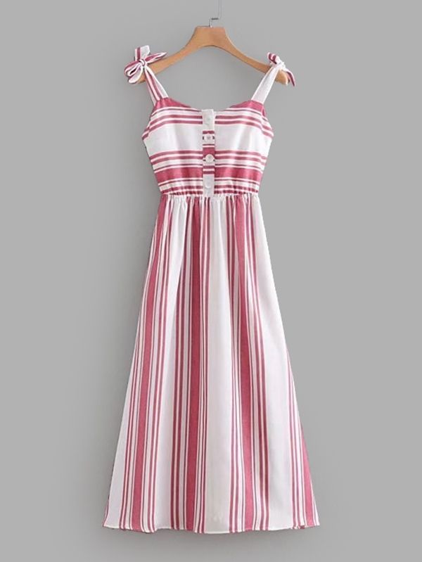 Tie Strap Button Front Striped Dress | SHEIN