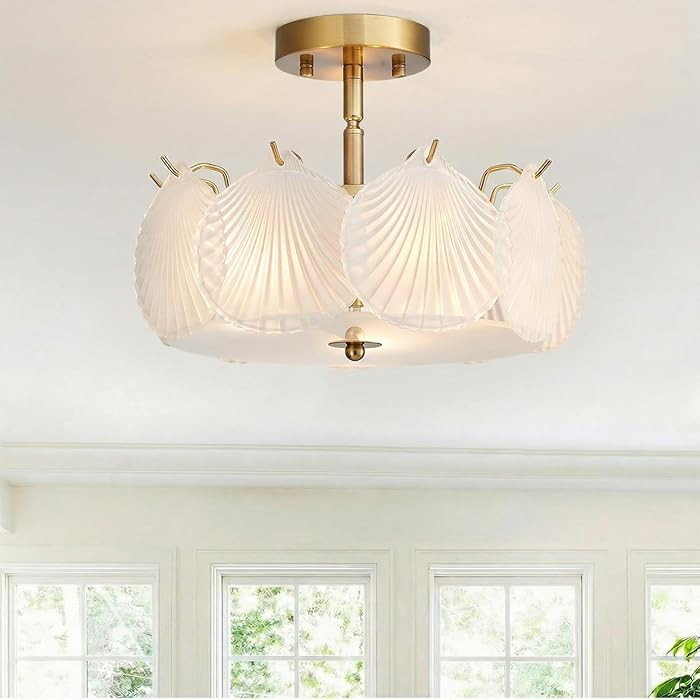 12.6" Small Gold Chandelier Modern Farmhouse Semi Flush Mount Ceiling Light 3-Light Round Shell Glass Fixture for Entryway Hallway Closet Dining Room Bedroom | Amazon (US)