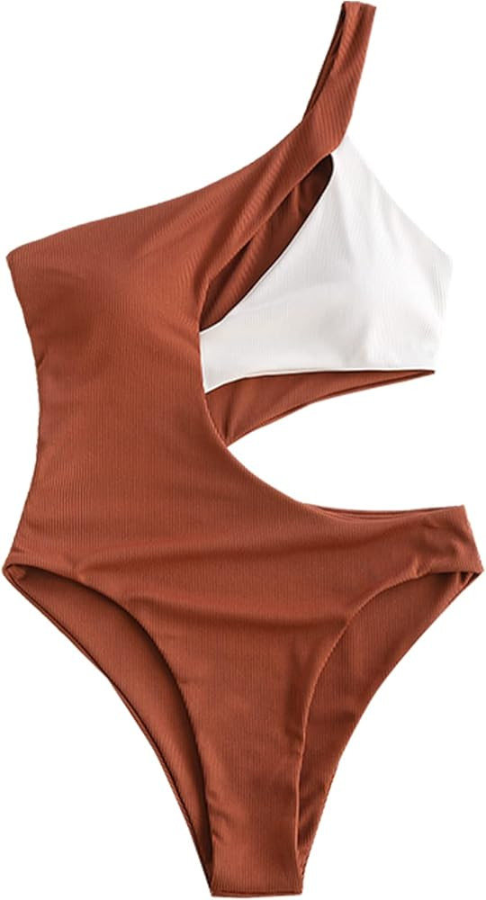 ZAFUL Women's One Shoulder Ribbed Bikini Colorblock Cutout One-Piece Swimsuit Swimwear | Amazon (US)