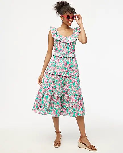 Petite printed ruffle midi dress | J.Crew Factory