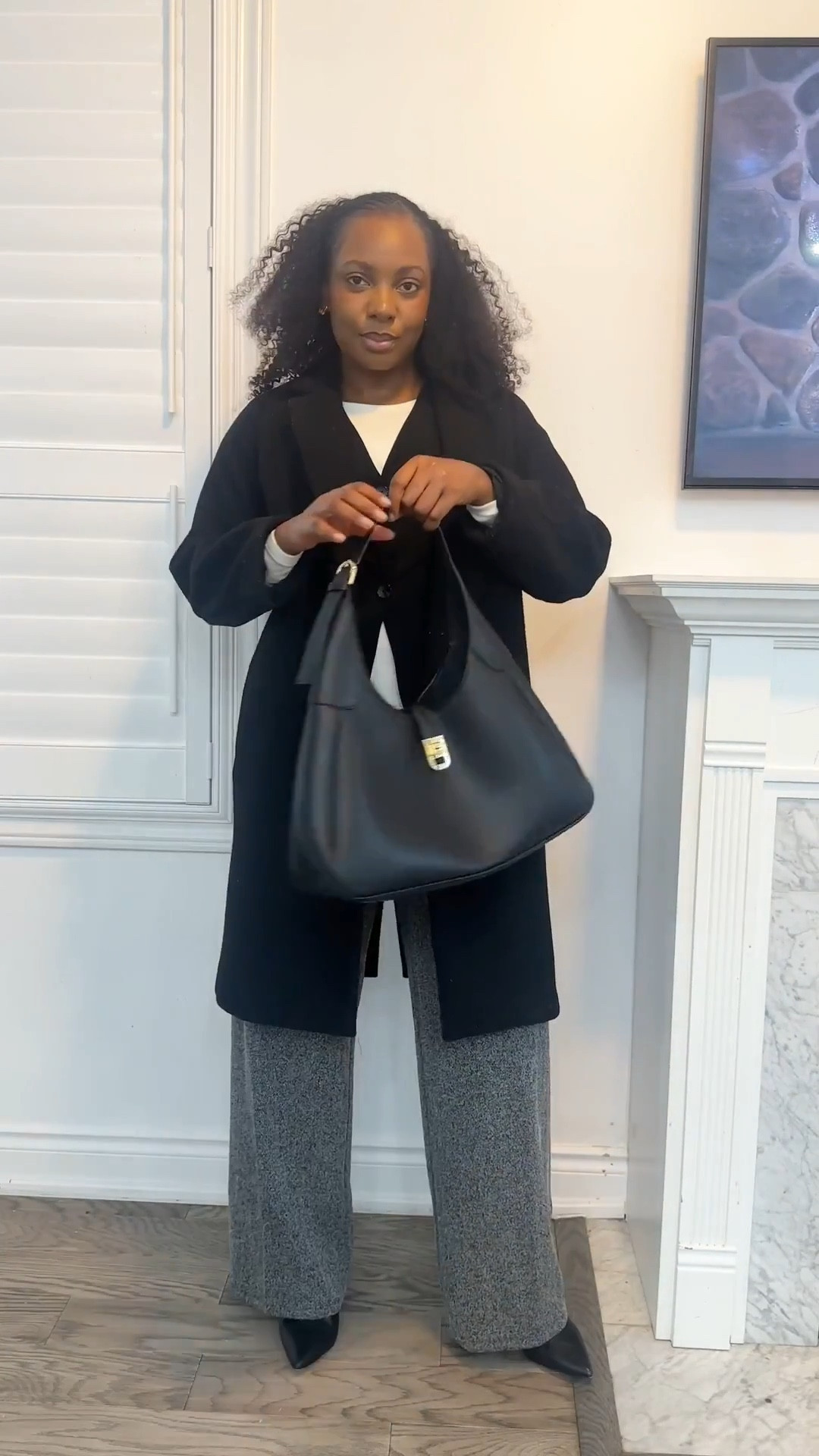 Grey front pleat pants, black vest and black coat. 

#LTKworkwear #LTKwinter #LTKcanada