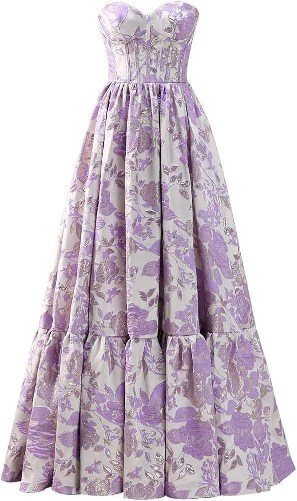 Mollyevers Satin Floral Jacquard Prom Dresses for Women Strapless Corset Long Formal Evening Gown... | Amazon (US)