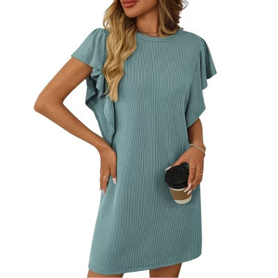 Women Summer T Shirt Dress Ruched Sleeve Crew Neck Loose Mini Dress Basic Casual Dresses Lake Green XXL | Target