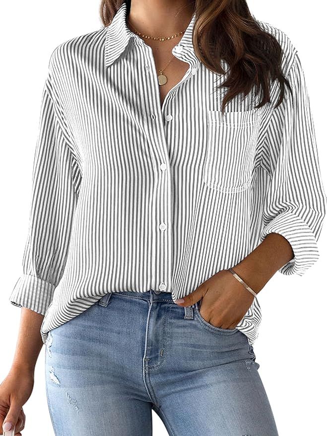 CUNLIN Wrinkle Free Women's Button Down Shirts Striped Long Sleeve Collared Blouses Tops with Poc... | Amazon (US)