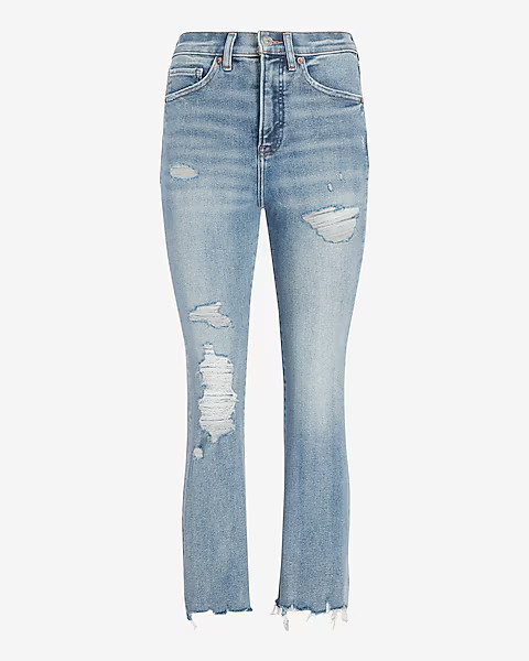 High Waisted Light Wash Ripped Cropped Flare Jeans | Express