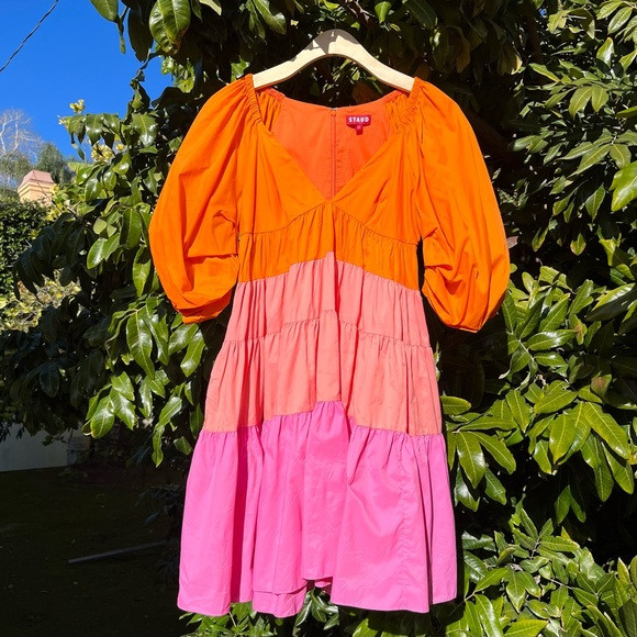 STAUD Meadow mini orange pink colorblock puff short sleeve tiered dress | Poshmark
