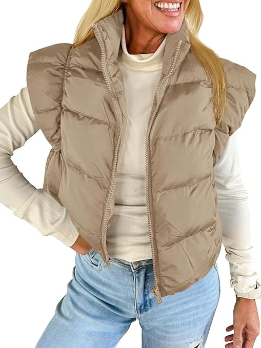 Tankaneo Womens Cropped Puffer Vest Cap Sleeve Zip Up Puffy Qulited Jacket Stand Collar Padded Gi... | Amazon (US)