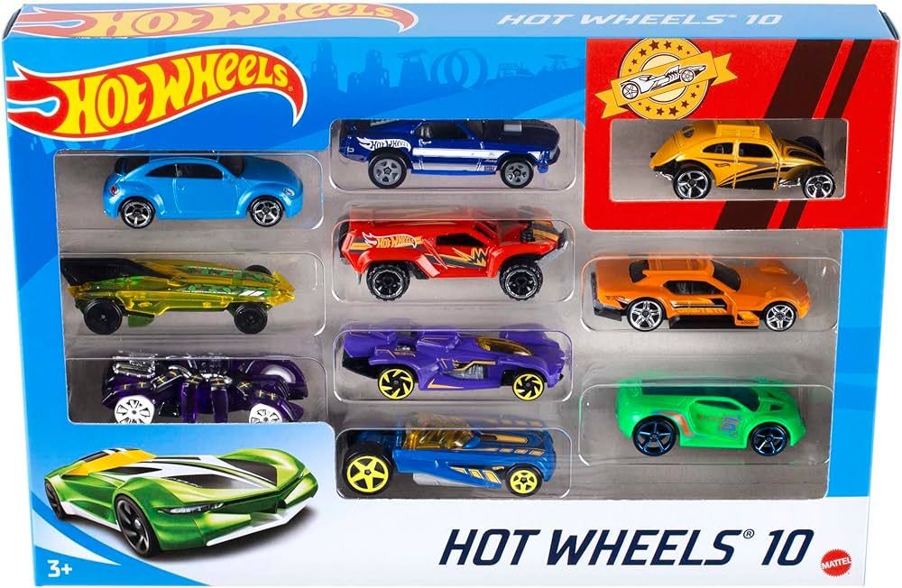 Hot Wheels Set of 10 Toy Cars & Trucks in 1:64 Scale, Race Cars, Semi, Rescue or Construction Tru... | Amazon (US)