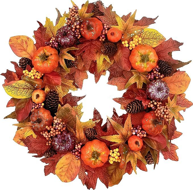 Tiny Land 22" Fall Wreath for Front Door, Fall Decor with Storage Box, Handcrafted Boxwood Base, ... | Amazon (US)