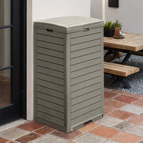 31 Gallon Outdoor Trash Can with Lid and Drip Tray, Water-Resistant Resin Garbage Bin, Light Brown, 16x33.8 Inch, for Porch and Backyard | Amazon (US)
