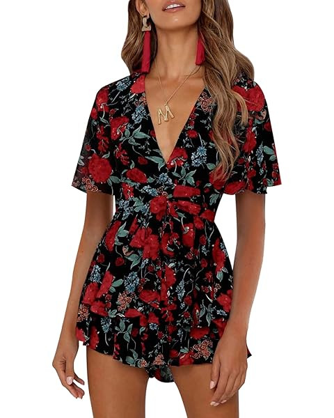 Relipop Women's Floral Rompers Jumpsuits V Neck Short Baggy Sleeve Waist Tie Double Layer Ruffle ... | Amazon (US)