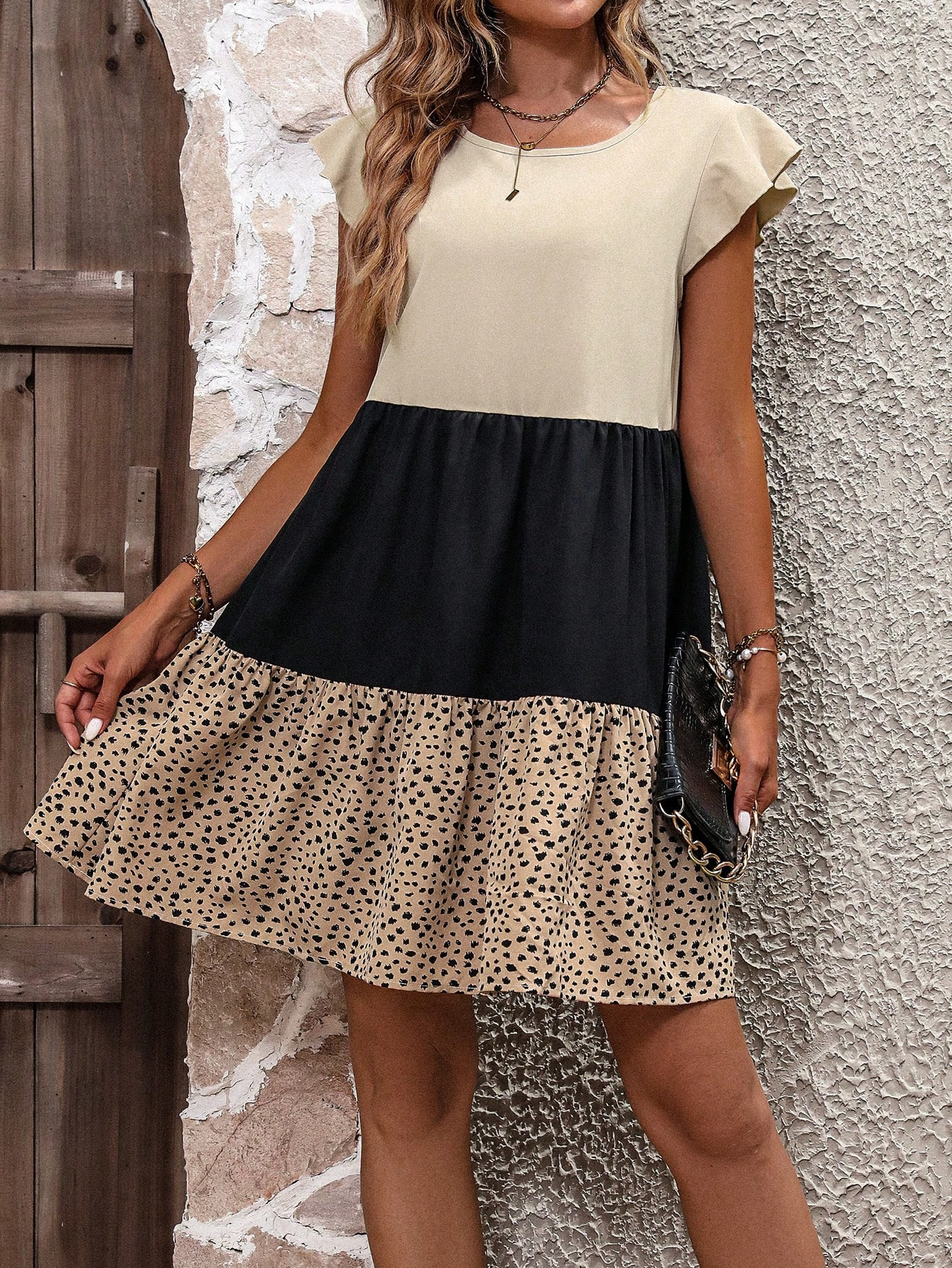 SHEIN LUNE Colorblock Dalmatian Print Ruffle Hem Smock Dress | SHEIN