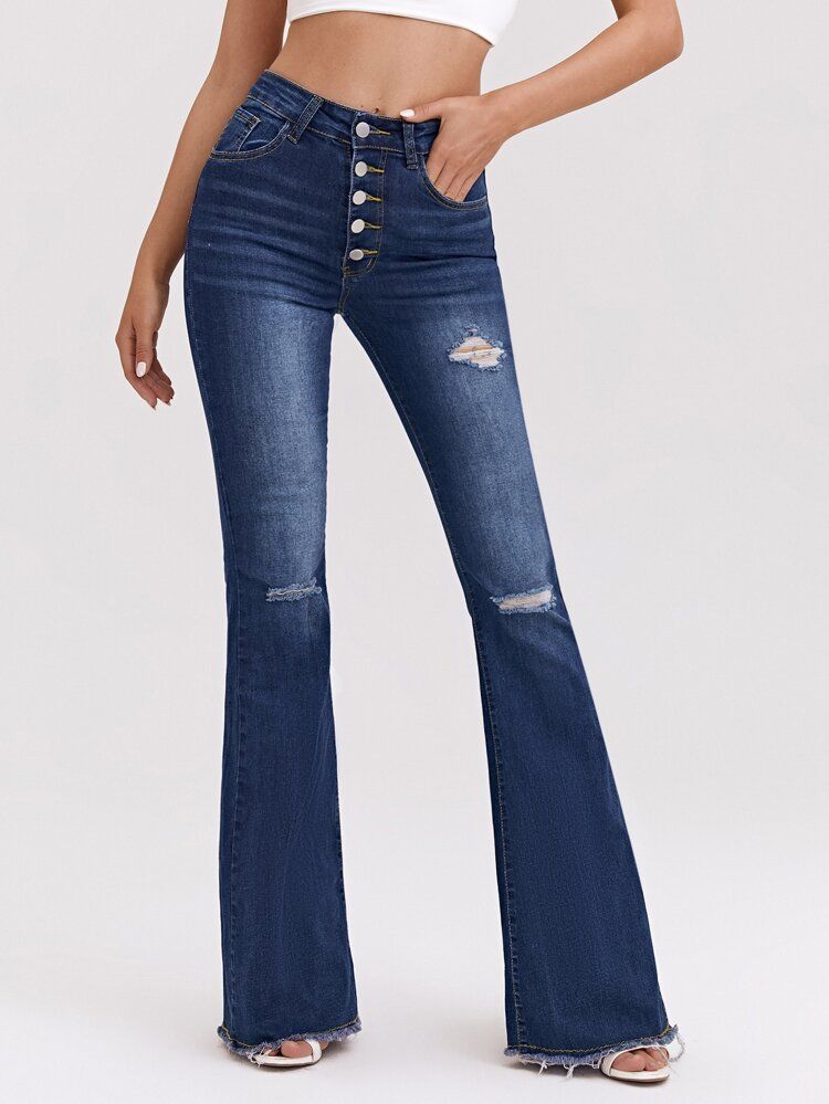 High Waist Ripped Detail Flare Leg Jeans | SHEIN