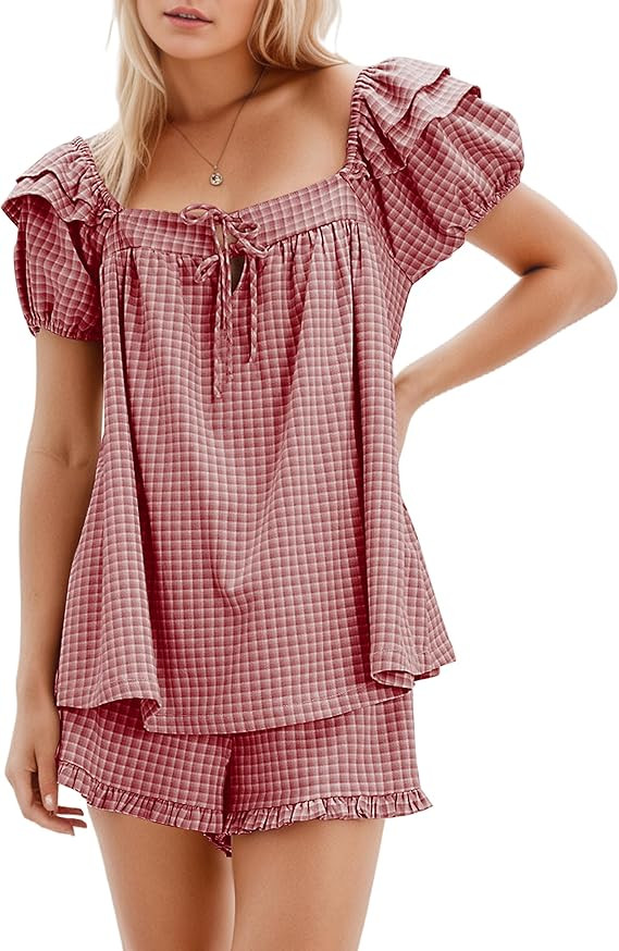 MISSACTIVER Gingham 2 Piece Sets For Women Summer Ruffle Puff Sleeve Peplum Shirt Shorts Set Two ... | Amazon (US)