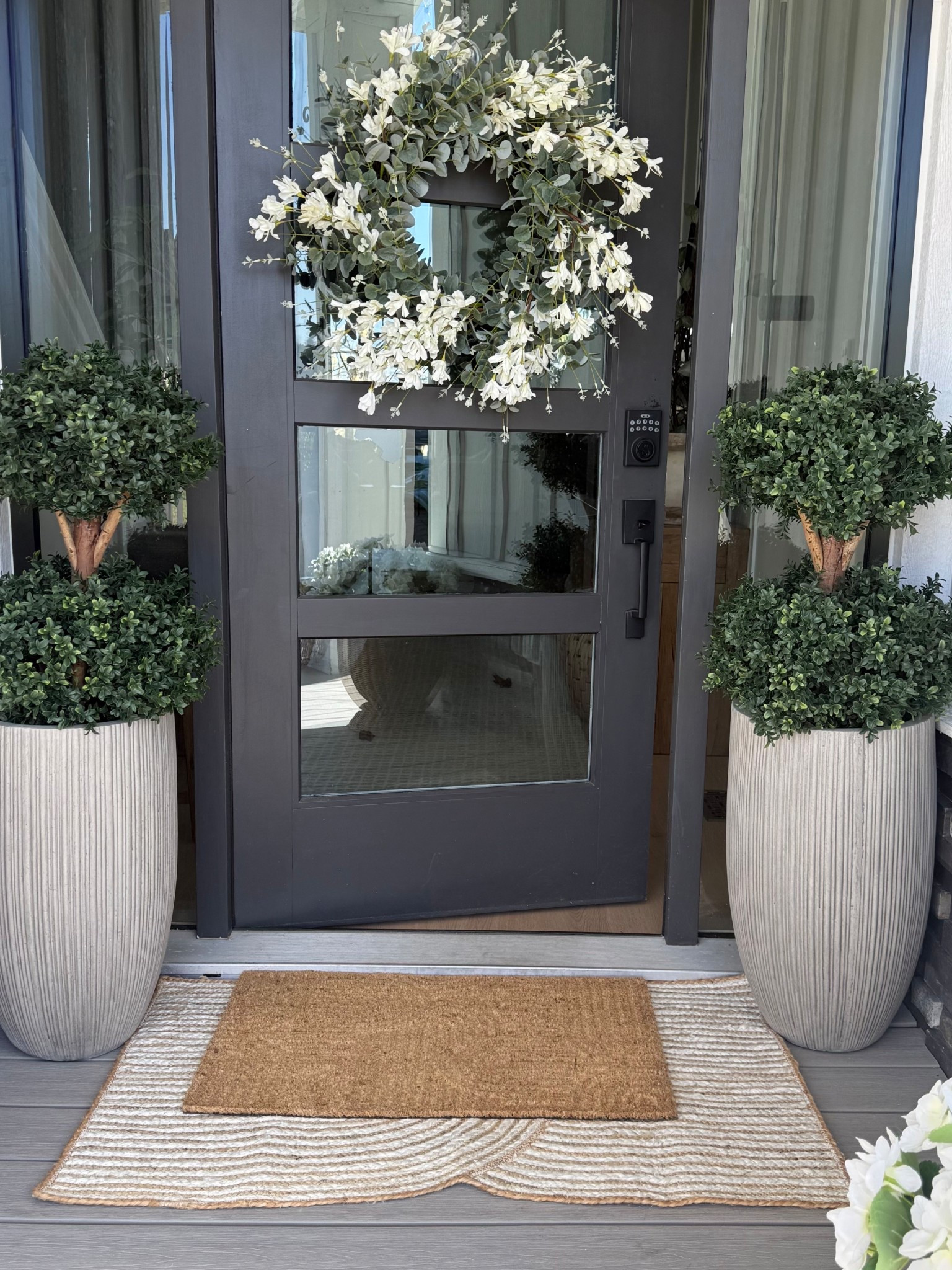 Love these mats from Walmart! 
The larger jute one is indoor rated but my front porch is very protected, so I’m going to try it here! 