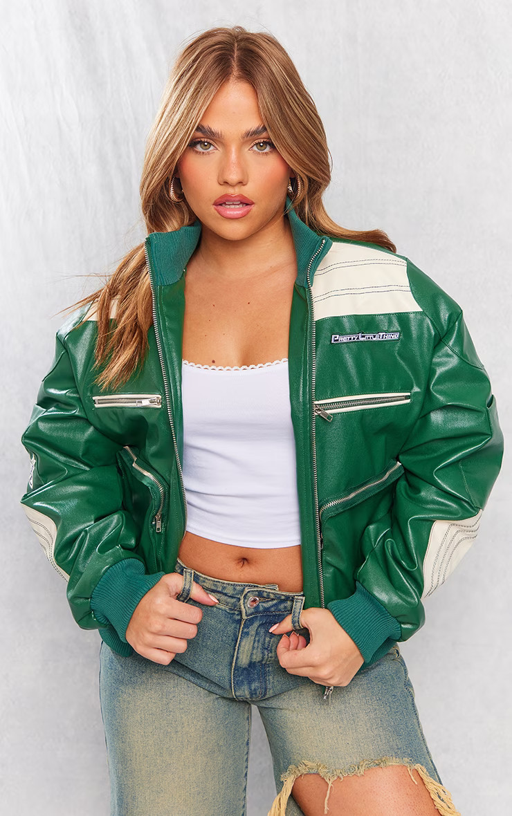 Petite Green Oversized Padded Distressed Bomber Jacket | PrettyLittleThing US