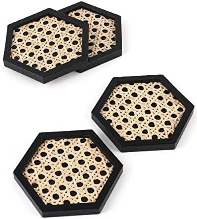 Unique Rattan Wood Coasters Hexagon Shape Set of 4 Exclusive 4.2" Size Classic Black Wood Natural Ha | Amazon (US)