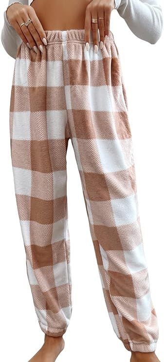 Verdusa Women's Buffalo Plaid Print Fuzzy Pajama Pants Loungewear Sleep Pants | Amazon (US)